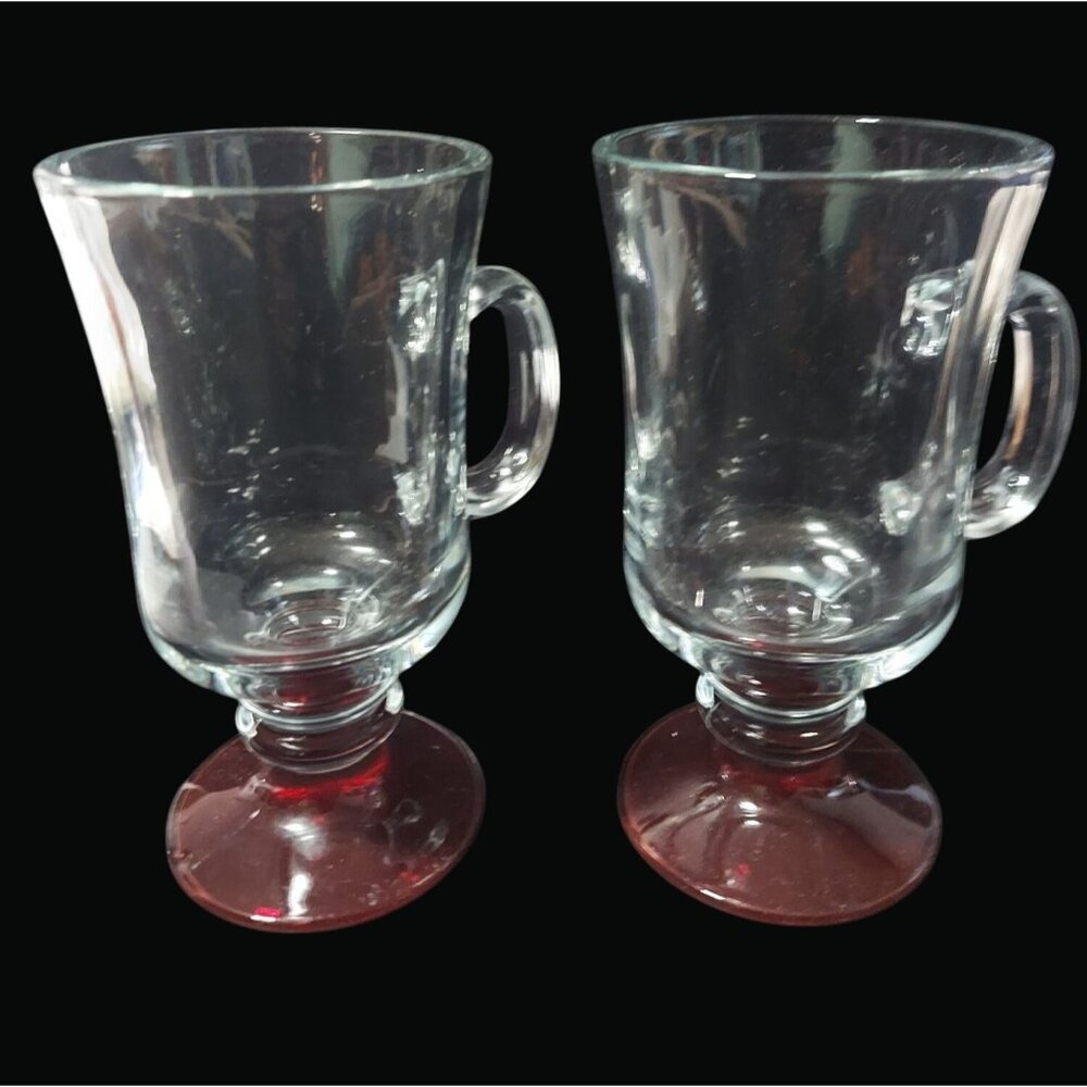 Set Of 2 Clear Glass Mugs With Red Bases Vintage Irish Coffee Mugs T03 f